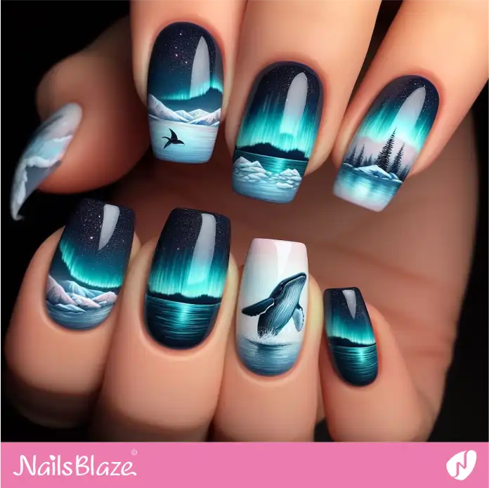 Nails with Majestic Whale Swimming Beneath the Northern Lights | Polar Wonders Nails - NB3158